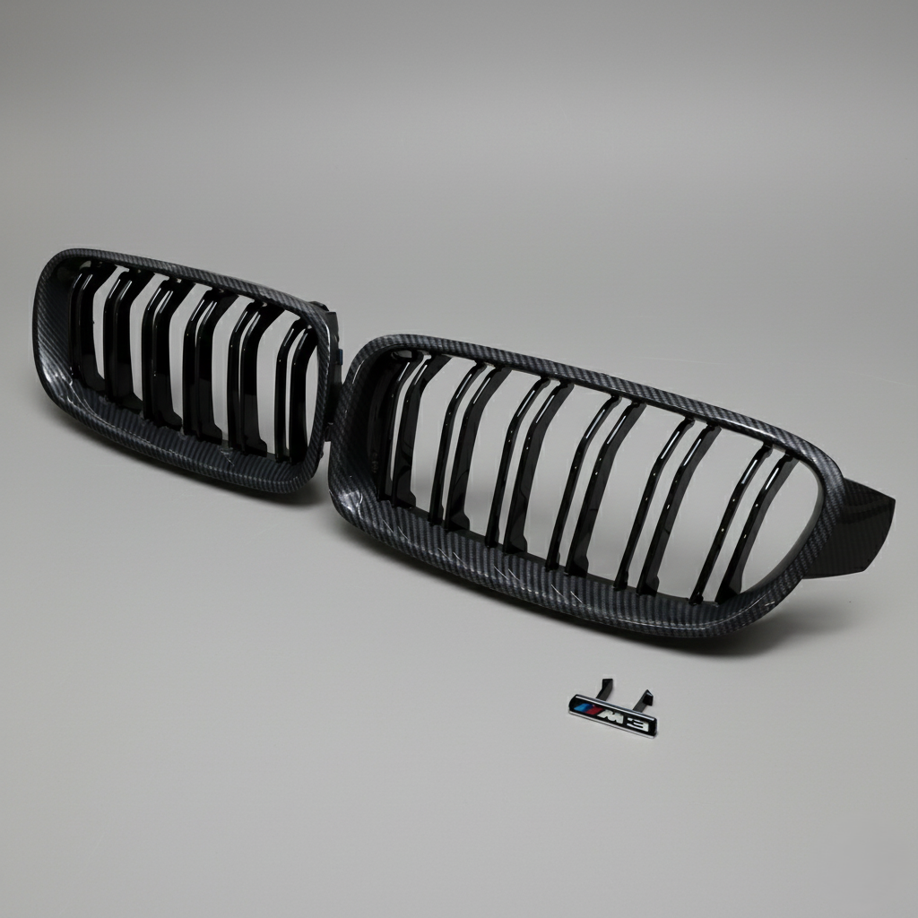 M-Look Carbon Fiber Stijl Niergrilles met Dubbele Spijlen – Glanzend Zwart
