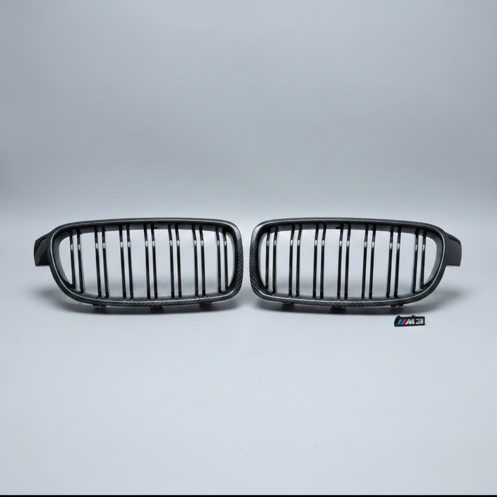 M-Look Carbon Fiber Stijl Niergrilles met Dubbele Spijlen – Glanzend Zwart